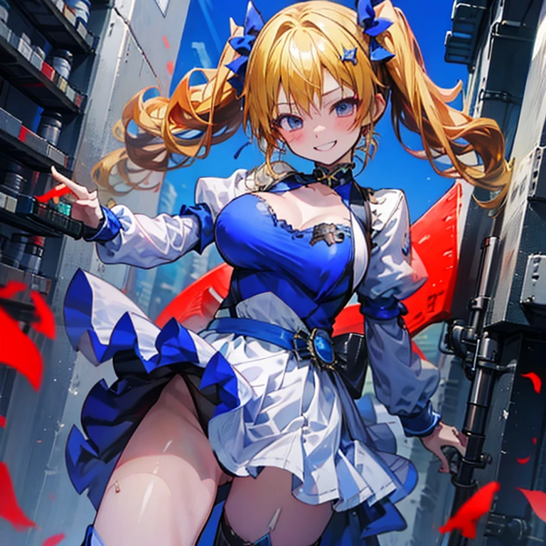 One girl, idol, bewitching dancing beautiful, intense dancing, jumping. Girl (erotic face, smile, blond hair, twin tails, big , fashionable outfit, idol outfit). Stage (beautiful city, beautiful blue sky).