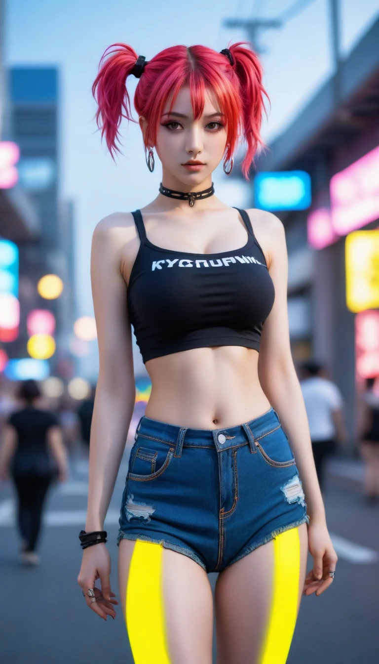 kyotopunk, cyberpunk, anime style, 1girl, woman, punk bad girl, cameltoe, [:wild, seductive costume design,:0.2], bombshell punk hair, neon sunset hair, U-cut, denim skirt, bombshell hair, neon crimson hair, french braids,Tri-Braided Bun, thick thighs, narrow waist, japanese