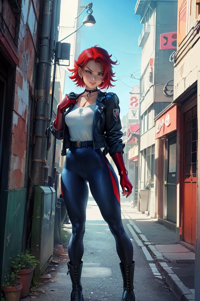 a eles são girl in the art style of persona5 and in the art style of street of rage 4, delinquent, (eles são), maduro female, corar, maduro, mulher mais velha, 2, eles são teacher outfit, ((((1 garota, Sozinho female, Sozinho, Sozinho focus:1,9)))++++, gargantilha, eles são teacher, eles são Lutarer, mangas compridas, open jaqueta, blue jaqueta,( jeans)+++, pele clara feminina, (corpo todo)+++++, jaqueta, biker jaqueta, tape, apoio de braço, luvas, red luvas, manoplas de noiva, esmalte, botas, calçado preto, Lutarer outfit, (corpo todo)+++++++, Ampulheta, maduro face, sorriso malandro, cara atrevida, rugas, (((((cabelo vermelho, cabelo curto, Brincos, piercings nas orelhas)))), olho vermelho, Lutaring art, Artes marciais, de pé, Lutaring stance, Lutar, Lutaring), cores extras, 2D, Megapixels, perfeccionismo, Iluminação de destaque, Full HD , (obra de arte:1.2), (tiro de corpo inteiro:1),(tiro de vaqueiro:1.2), (Altamente detalhado:1.2),(rosto detalhado de anime:1.2), colorida, Um olho detalhado, (paisagem detalhada:1.2), (iluminação natural:1.2), ((eles são school teacher)) por Vincent Di Fate: Ajuda, Tiro Anamórfico, regra dos terços, rosto por Artgerm e WLOP, ((rua da raiva 4 cenário da cidade)), cenário de cidade fictícia no estilo artístico de Street of Rage 4, estilo anime Gainax, estúdio ganhoax art, estúdio ganhoax illustration, inspired por Masamune Shirow, estúdio ganhoax, por Masamune Shirow, lindo personagem de evangelion, rua da raiva 4 arte, ilustração de rua da raiva 4,