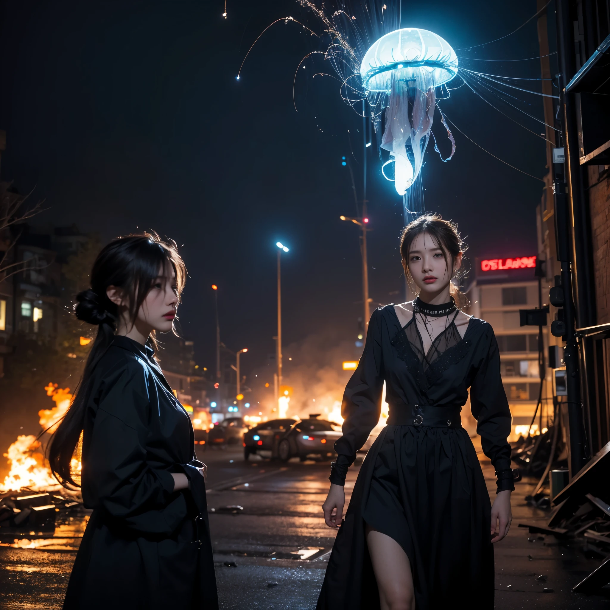 (highest quality、4k、8k、High resolution、master piece: 1.2)、Super detailed、(real、photorealistic、photorealistic: 1.37)、Destruction of a Great City、(A telekinetic woman stands in front of a giant jellyfish robot controlled by an invader.:1.37) 、(Women are young and beautiful、18-year-old、unparalleled beauty:1.5)、Insert mental barriers to resist robot attacks、vibrant cityscape、Bright colors、Shining skyscrapers、busy street、Futuristic architecture and technology、Advanced holographic display、Neon light splashes 、dramatic lighting、intense shadow、Awe-inspiring power that exudes from women、Determination in His Eyes、An elegant flowing gown、Dynamic action in the wind、Reach out and rush towards the robot.、A powerful energy emanates from the hands、Blue glowing aura、sparks of electricity、electricity crackling in the air、A vortex of energy surrounding a woman、A fascinating and surreal atmosphere、A sense of danger and impending destruction、Background chaos and destruction、Crumbling buildings、flying debris、Smoke and flames、 The contrast between beauty and destruction、The war between technology and the extraordinary power of young women,A jellyfish robot is destroyed by a telekinetic woman and falls apart
