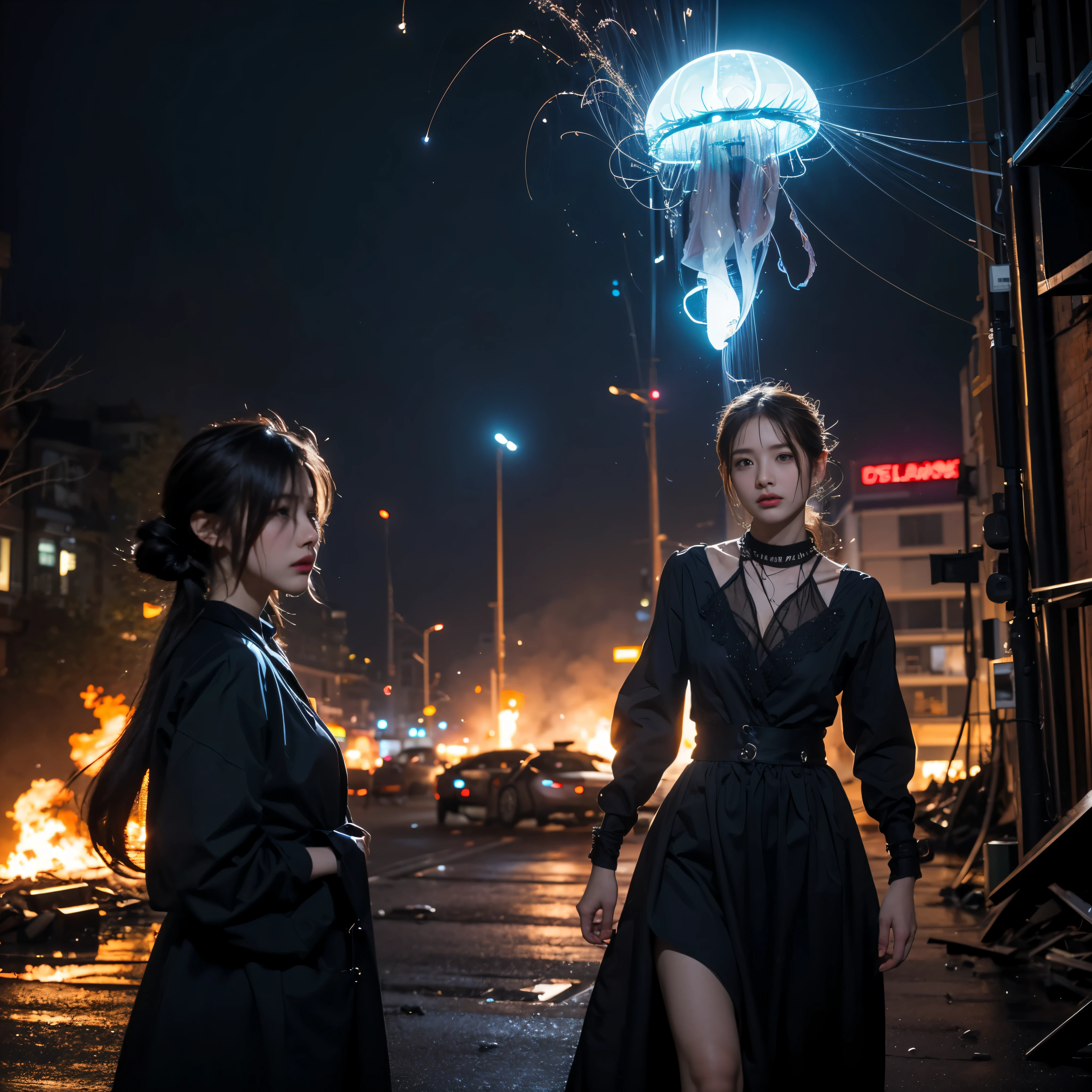 (highest quality、4k、8k、High resolution、master piece: 1.2)、Super detailed、(real、photorealistic、photorealistic: 1.37)、Destruction of a Great City、(A telekinetic woman stands in front of a giant jellyfish robot controlled by an invader.:1.37) 、(Women are young and beautiful、18-year-old、unparalleled beauty:1.5)、Insert mental barriers to resist robot attacks、vibrant cityscape、Bright colors、Shining skyscrapers、busy street、Futuristic architecture and technology、Advanced holographic display、Neon light splashes 、dramatic lighting、intense shadow、Awe-inspiring power that exudes from women、Determination in His Eyes、An elegant flowing gown、Dynamic action in the wind、Reach out and rush towards the robot.、A powerful energy emanates from the hands、Blue glowing aura、sparks of electricity、electricity crackling in the air、A vortex of energy surrounding a woman、A fascinating and surreal atmosphere、A sense of danger and impending destruction、Background chaos and destruction、Crumbling buildings、flying debris、Smoke and flames、 The contrast between beauty and destruction、The war between technology and the extraordinary power of young women,A jellyfish robot is destroyed by a telekinetic woman and falls apart
