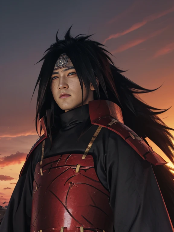 Uchiha madara+long hair+hair above one eye+kimono+black gloves+Complex maximalism+(((war)))+(((warrior)))+sunset+(((portrait)))+octane rendering+knife