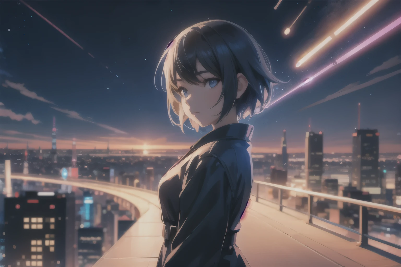 Anime girl looking at the night city skyline, anime style 4k, Ilya Kuvshinov landscape, 4k anime wallpaper, digital art Ilya Kuvshinov, anime art wallpaper 4k, anime art wallpaper 4k, Ilya Kuvshinov. 4k, anime wallpaper 4k, anime wallpaper 4k, makoto shinkai cyril rolando