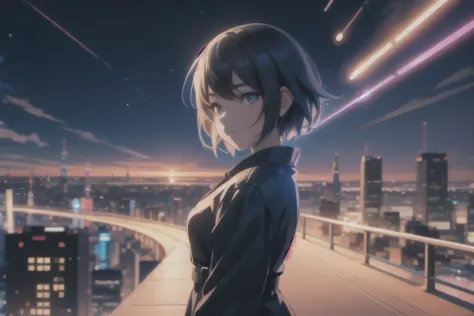 Anime girl looking at the night city skyline, anime style 4k, Ilya Kuvshinov landscape, 4k anime wallpaper, digital art Ilya Kuv...