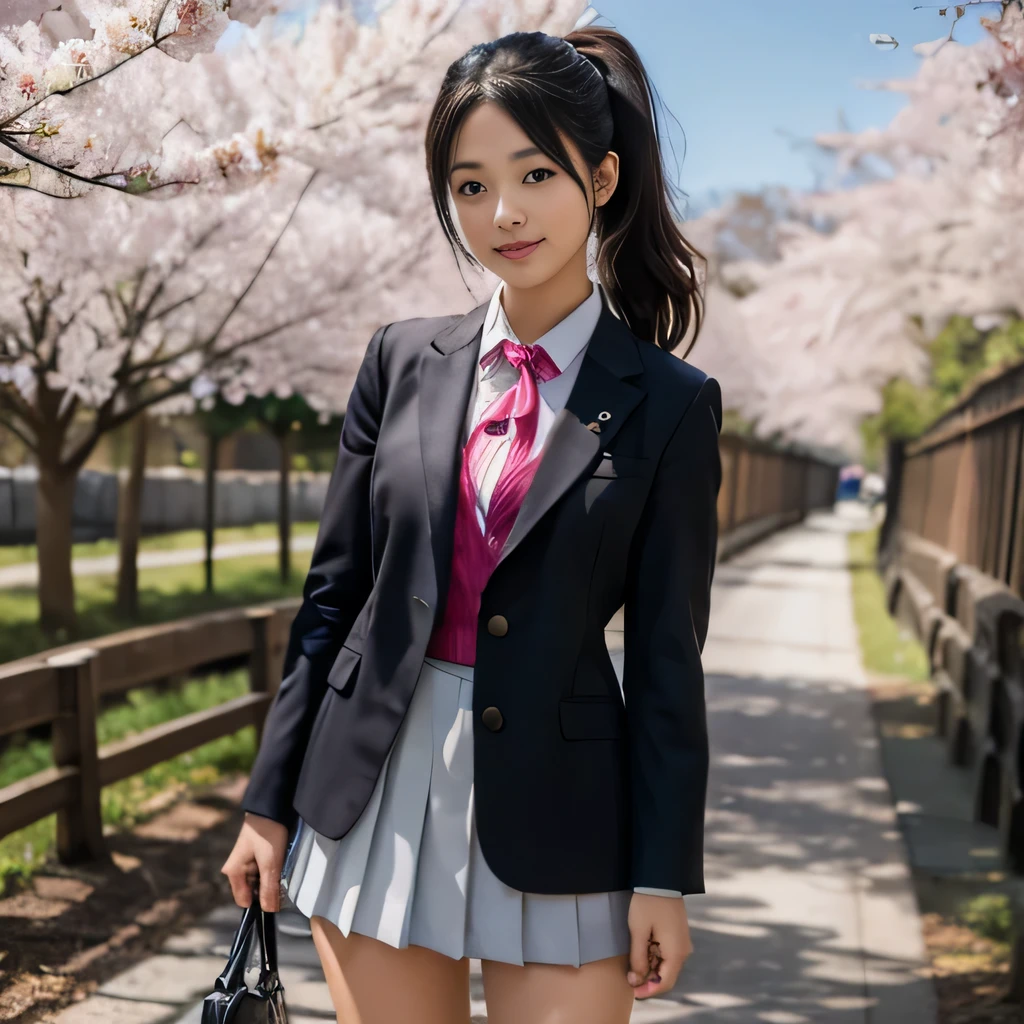 cute teenage girl, cute smile、pretty face、Height: approx. 160cm, brown eyes, ((Wearing a Japanese high school uniform))、wear a pleated skirt、In the row of cherry blossom trees、double ponytail black hair, masterpiece, 最high quality, 超high quality, high quality, High resolution, ultla High resolution, disorganized, 4k, 8K, 16k, very detailed, Complex, great shading, high contrast, realistic, photo realistic, RAW photo, photo shoot, super detailed illustrations, shortening, perfect anatomy, correct anatomy, perfect proportions, perfect face, perfect hands, perfect legs, perfect fingers