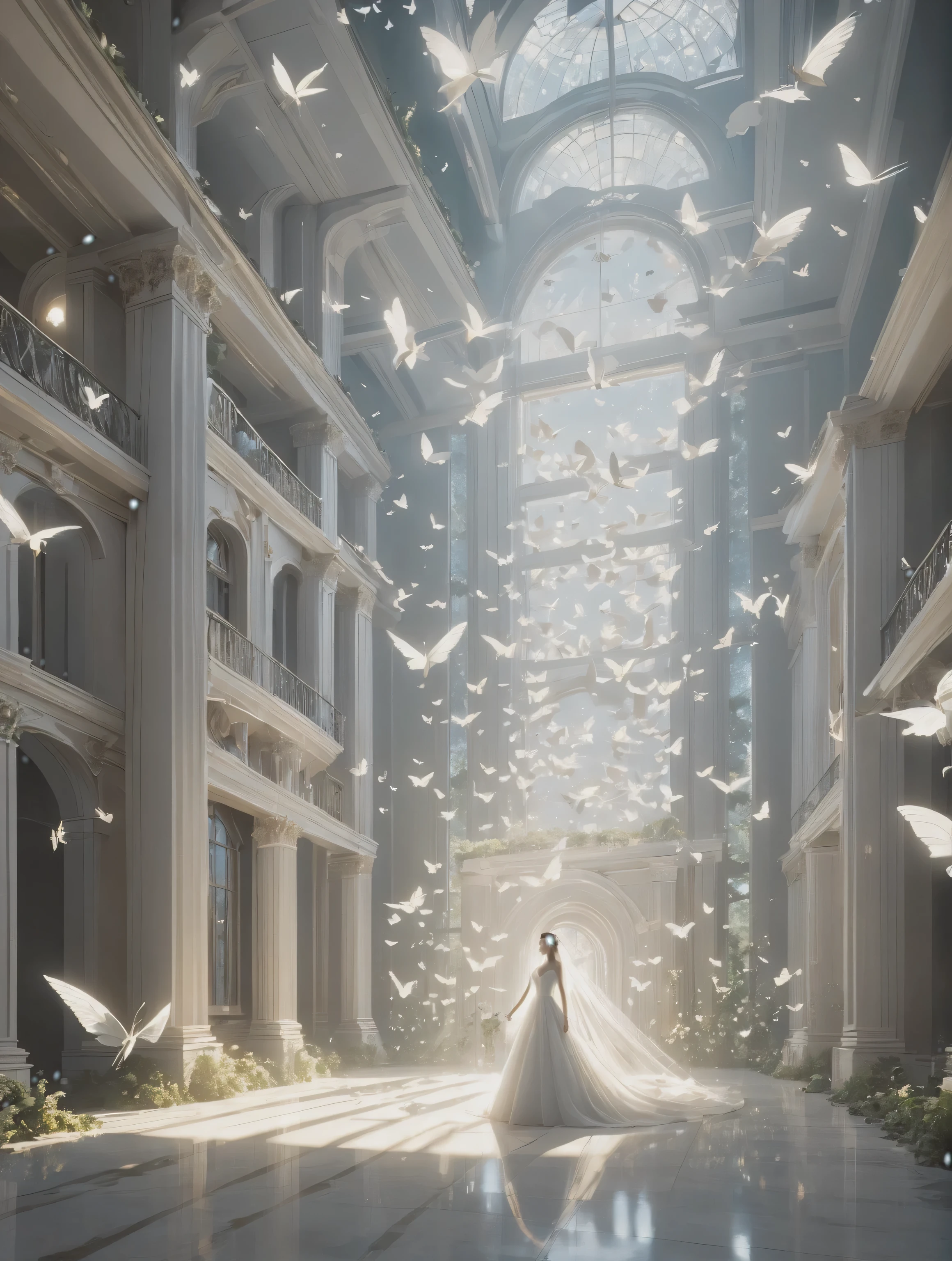There are many white birds flying in the sky inside the building, global illumination. Visual effects, highly detailed surreal Visual effects, Butterflies flying in the sky, Volumetric light ， surreal, . movie stills, epic Volumetric lighting, Volumetric light from above, Dramatic dream lighting, Obras de arte intrincadas. octane rendering, ethereal Volumetric light, Volumetric lighting. fantasy，Mixed forest，wedding inspiration，bride