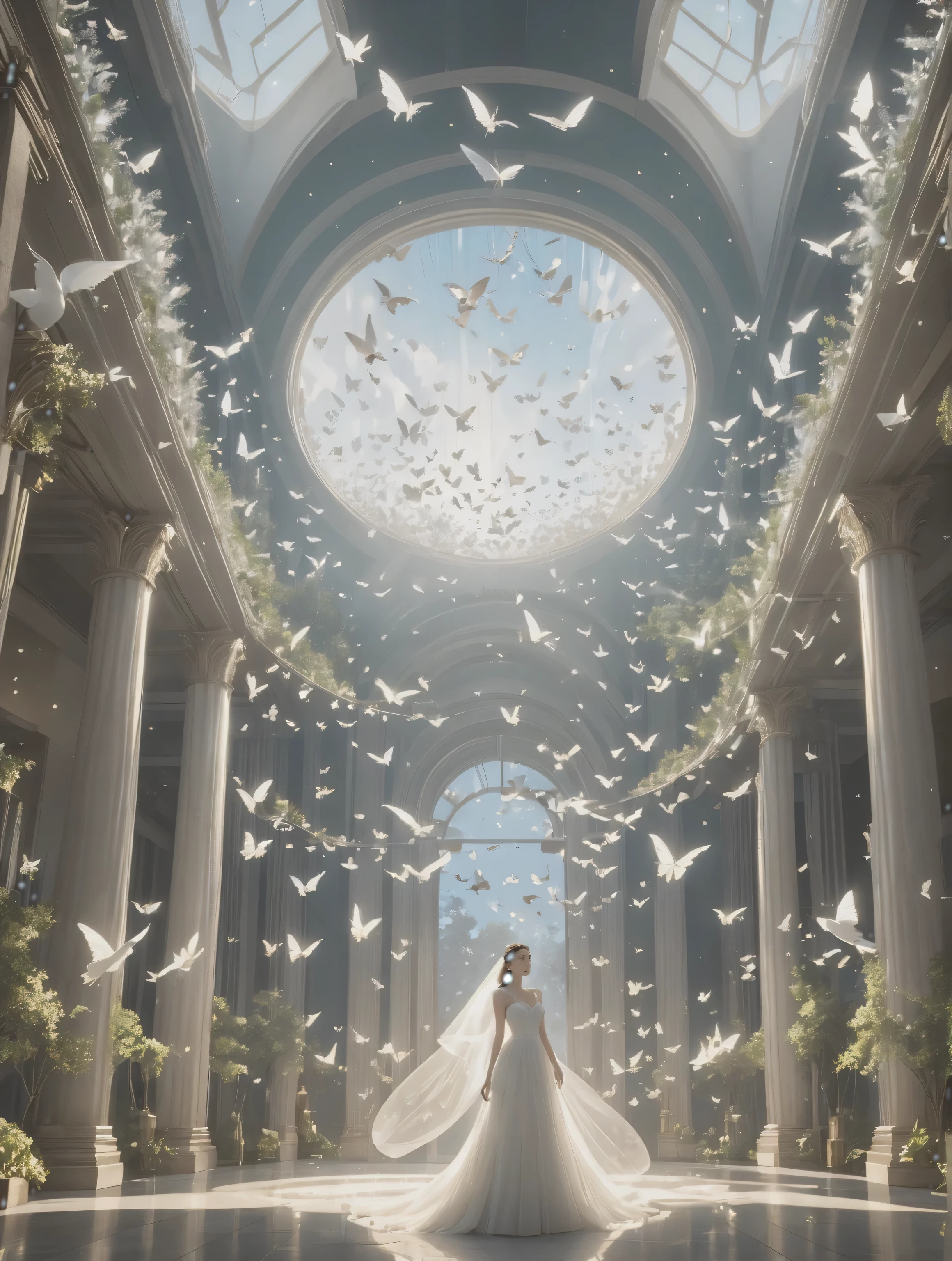 There are many white birds flying in the sky inside the building, global illumination. Visual effects, highly detailed surreal Visual effects, Butterflies flying in the sky, Volumetric light ， surreal, . movie stills, epic Volumetric lighting, Volumetric light from above, Dramatic dream lighting, Obras de arte intrincadas. octane rendering, ethereal Volumetric light, Volumetric lighting. fantasy，Mixed forest，wedding inspiration，bride