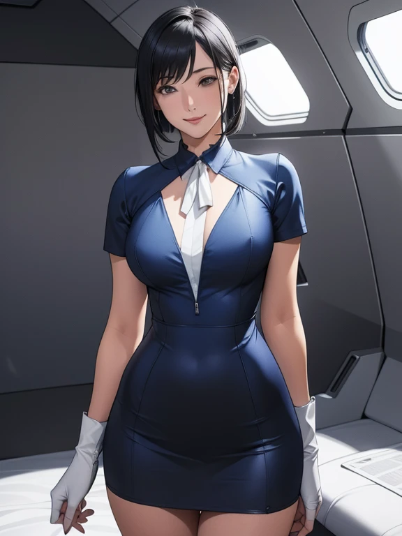 masterpiece, highest quality, anime, highly detailed face, highly detailed eyes, highly detailed background, perfect lighting, cowboy shot, 1 girl, alone, Aki Rosenthal, collared dress, short dress, short sleeve, blue jacket, black stockings, peeled hair, long hair, low twin tails, bob cut, tie, headgear, white gloves, elbow bag, wide hips, smile, Are standing, inside of spaceship 