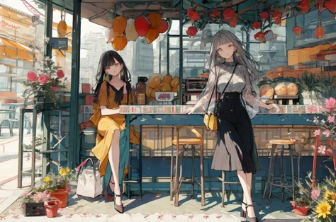 (masterpiece:1.2), highest quality,pixiv,sweet girl , 1 girl, flower, cup, have, bob hair, gray hair, bag, high heels, cafe、food...