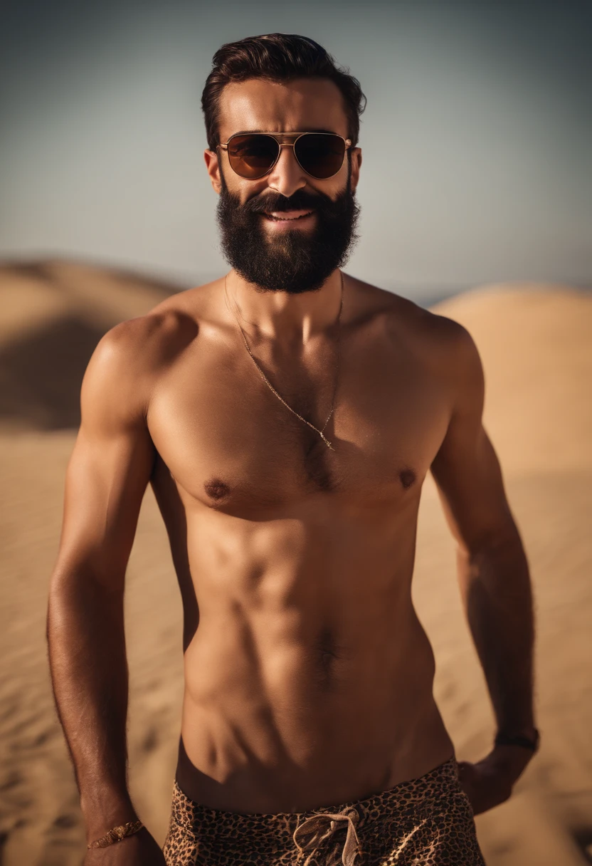 Beau mec turc à barbe, grand, mince, torse nu, désert, bikini - SeaArt AI