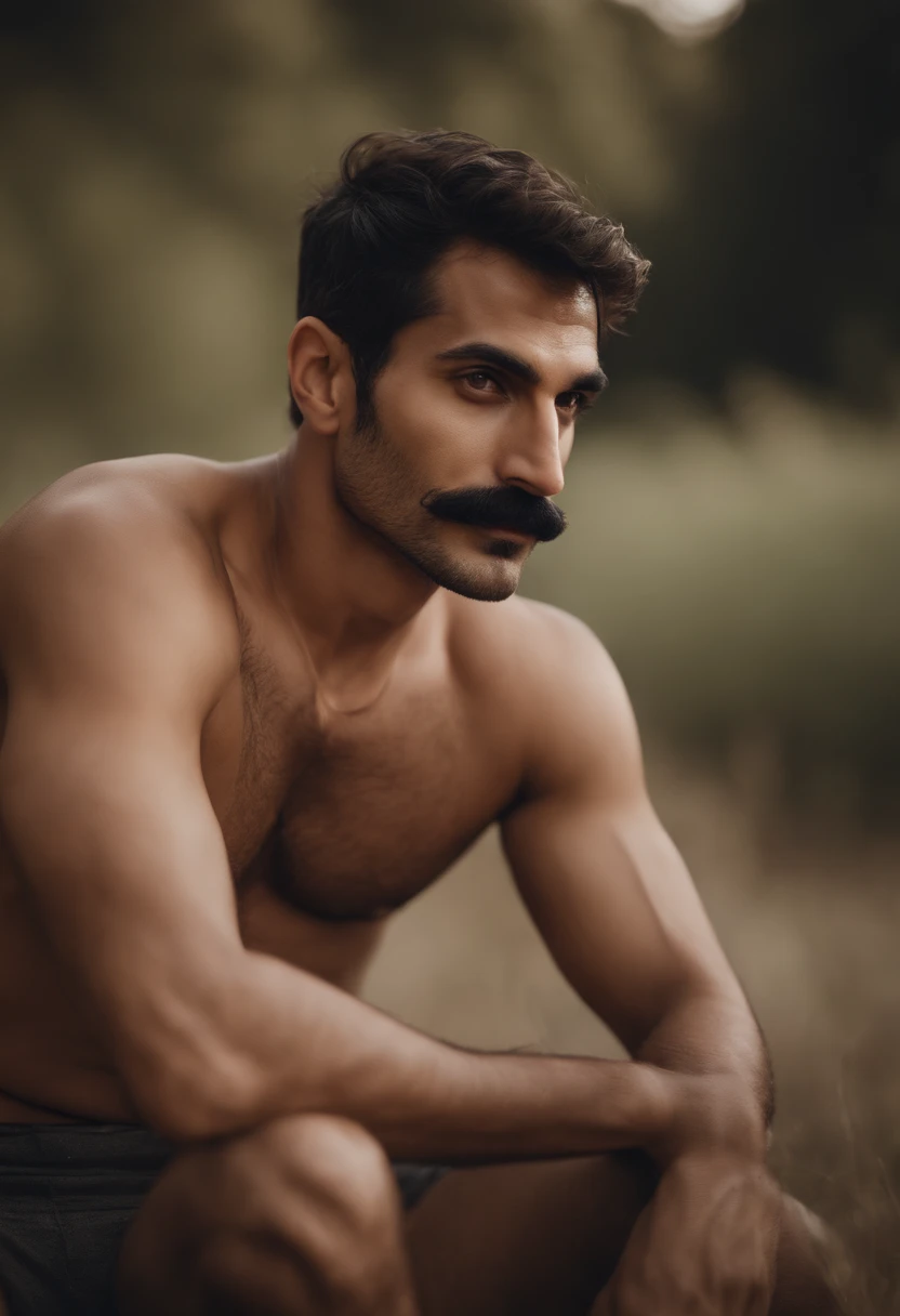 Handsome thin moustache Persian man brown eyes long face hairy chest  shirtless u - SeaArt AI