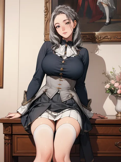 beautiful girl　　big breasts　gray hair　luxurious dress　lady　Leader's sister　eleonora　　１８century　knee high socks　student　skirt