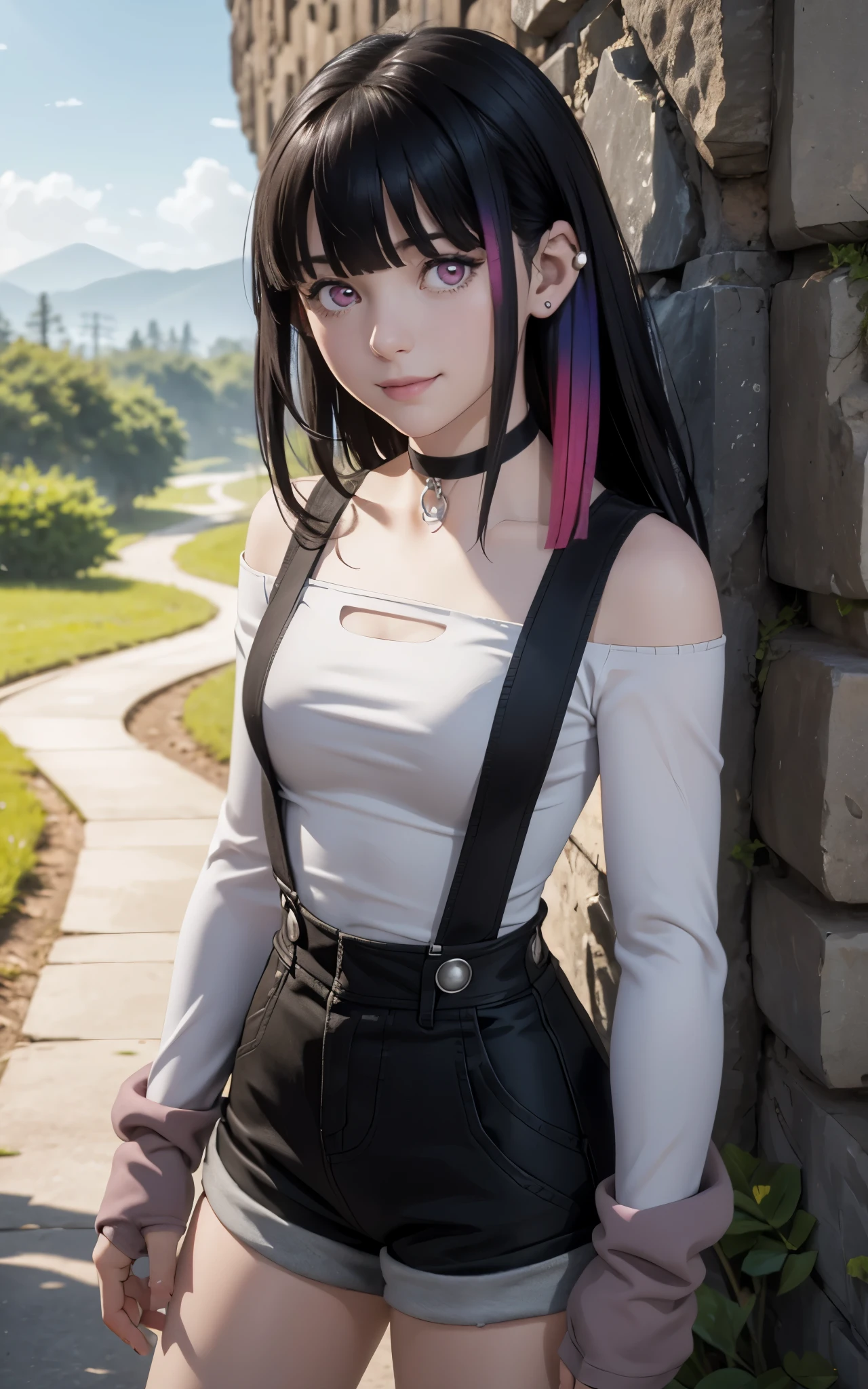 Realistic version of rouge redstar,1girl,pale skin, black hair, solo, long hair, pink eyes, black overall shorts,white off-shoulder shirt,suspenders,straps,silver buttons, indian red arm warmers,ear ornament, black choker, streaked hair, blunt bangs, looking at viewer,seductive smile, cowboy shot,stone wall, (best quality, masterpiece),blue sky,tree, long sleeves,clothing cutout, suspenders 