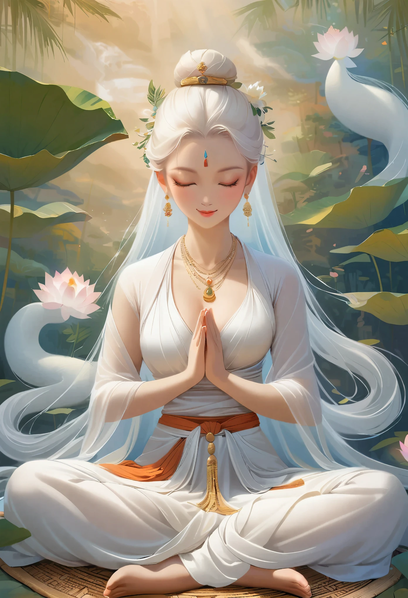 A woman in white sitting in lotus position with her eyes closed - SeaArt AI