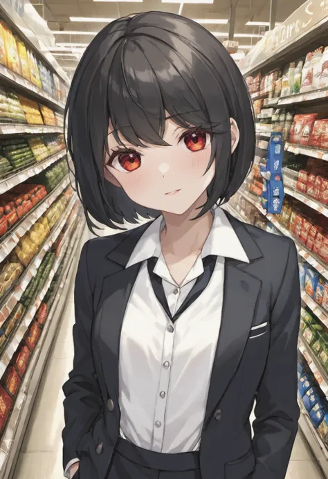 #short bob#butler#background: inside the supermarket#black hair#red eye#noon#high resolution#8k#clothes tuxedo#butlerとスーパーで買い物#l...