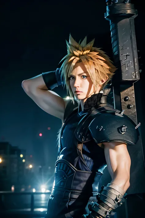 (masterpiece, best quality:1.4), (((1 guy))), highres, solo, (((cloud strife))), cosplay, a close up of a person holding a big s...