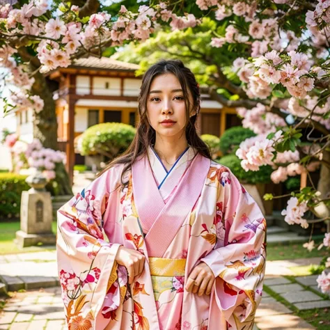 a woman in a kimono is standing under a tree with pink flowers, Japanese woman, elegant Japanese woman, wearing kimono, Japanese...
