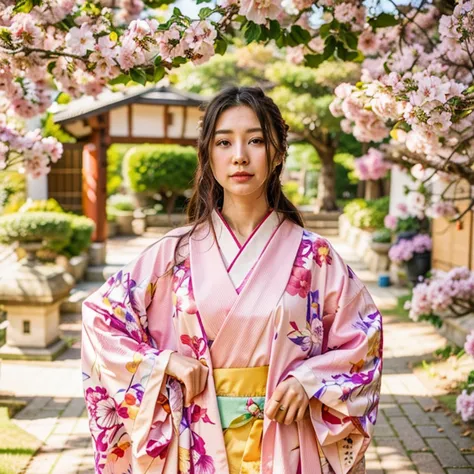 a woman in a kimono is standing under a tree with pink flowers, Japanese woman, elegant Japanese woman, wearing kimono, Japanese...