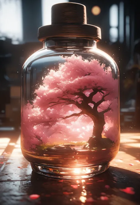 Cherry tree in a bottle, fluffy, actual, Atmospheric light refraction, Filmed by Lee Jeffries, Nikon d850 film stock photo 4 kodak portra 400 camera f1.6 shots, colorful, ultra actual actual textures, dramatic lighting, Unreal Engine trends on artstation c...