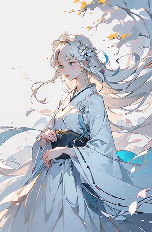 top quality, whole body, High quality texture, fine grained, real facial expressions, Delicate skin, Japanese cartoons, girl, gentle eyes, Sexy, mix, Model, illustration, portrait, Semi-real, Princess, skirt, White skirt, White skin, Wind flower, grassland, water lake, sun, Light, (small), white hair