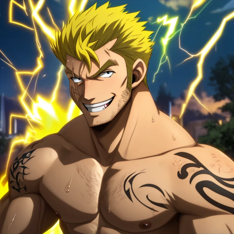 (((best quality, high resolution, masterpiece, best quality))),anime screencap, 1boy, muscular male, sweaty, masterpiece, depth of field, baseballplayer, looking at viewer, laxus_dreyar, yellow hair, chest tattoo, yellow lightning, spark, grin, dynamic pose,
