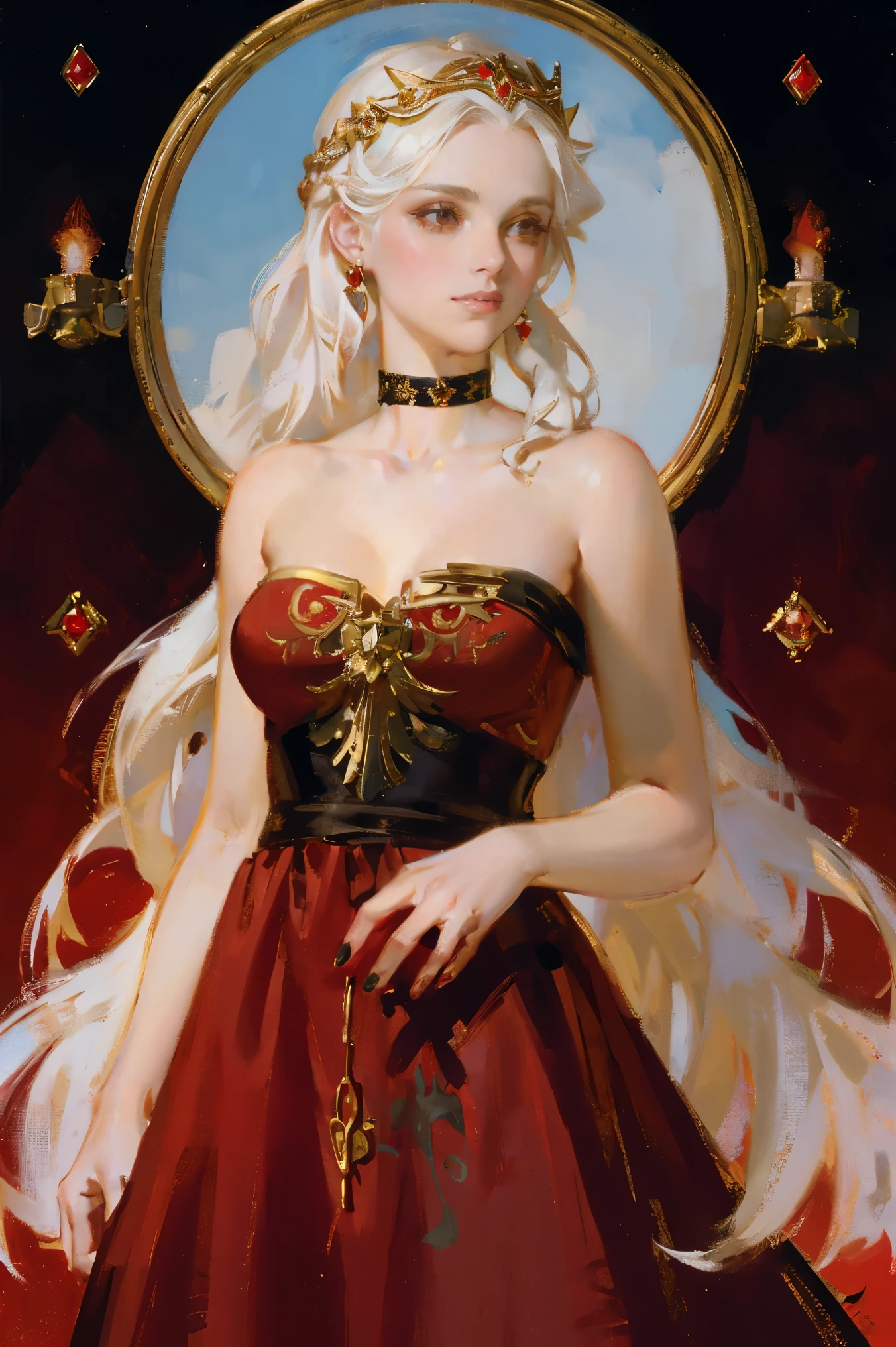 fantasy, princess Targaryen, full-length, garden, girl, with white hair, face looks like Daenerys|Natalie Portman, in a red and black dress embroidered with gold threads of rubies and diamonds with her eyes open, hd