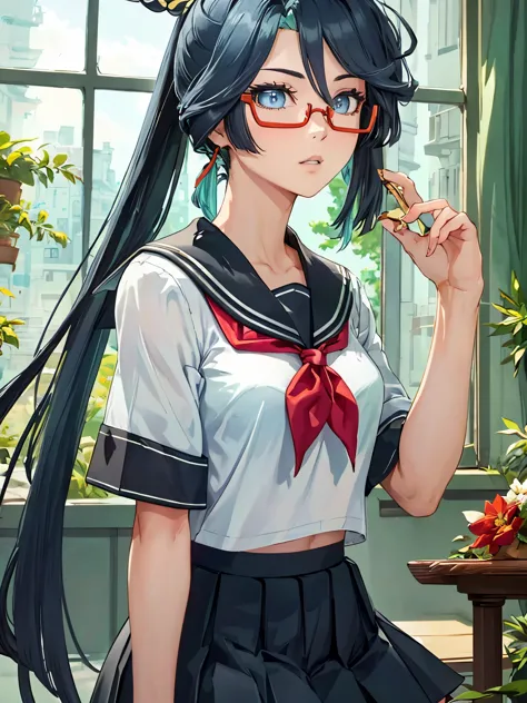 (masterpiece, best quality), 1girl, xianyun, glasses,ponytail, red-framed eyewear, under-rim eyewear,ponytail,
break (black sera...