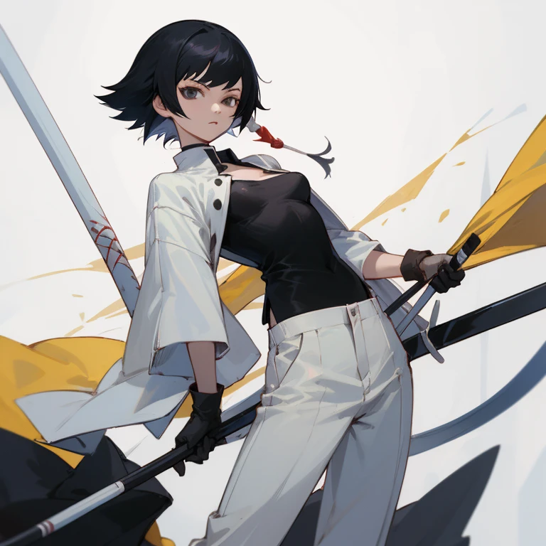 ((highest quality)), ((masterpiece)), (be familiar with), BLEACH,Soi Fon, 1 girl, alone, black hair, clothes,pants, Slender,slender,short hair with long locks, short hair, small breasts, gloves,