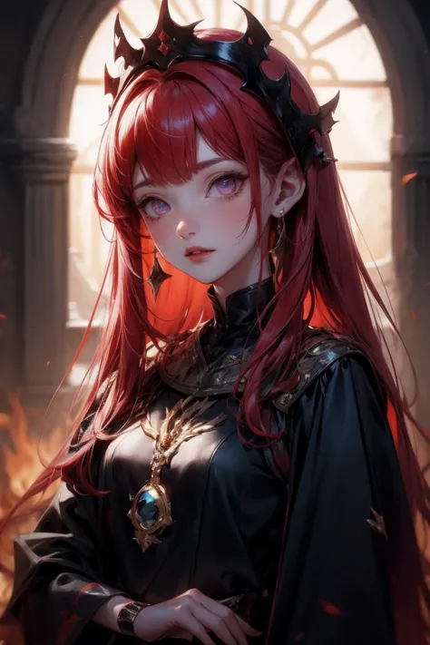 The Dark Princess of Blood-Eyed, Red hair, crown, smile, anime style, lens flare, high detail, First-person perspective, movie l...