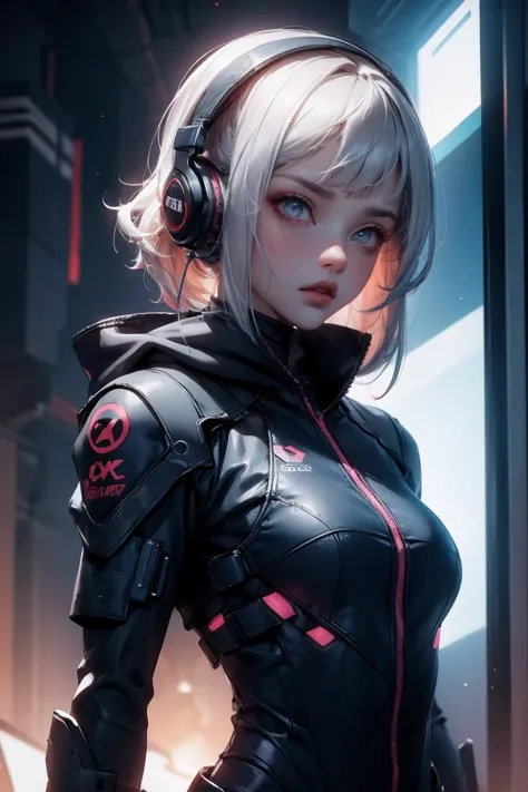 A woman wearing headphones stands nearby, Cyberpunk Art by Jason A.. Engel, CG society, retrofuturism, Ilya Kuvshinov, science f...