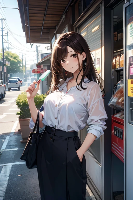 Best Quality, masutepiece, beautiful mature women、Beautiful face、Strong-minded woman、Office Suits、brown haired、Brown-eyed、Longhaire、Undersized eyes、Full body like、In front of a convenience store、outside of house、Eating popsicles
