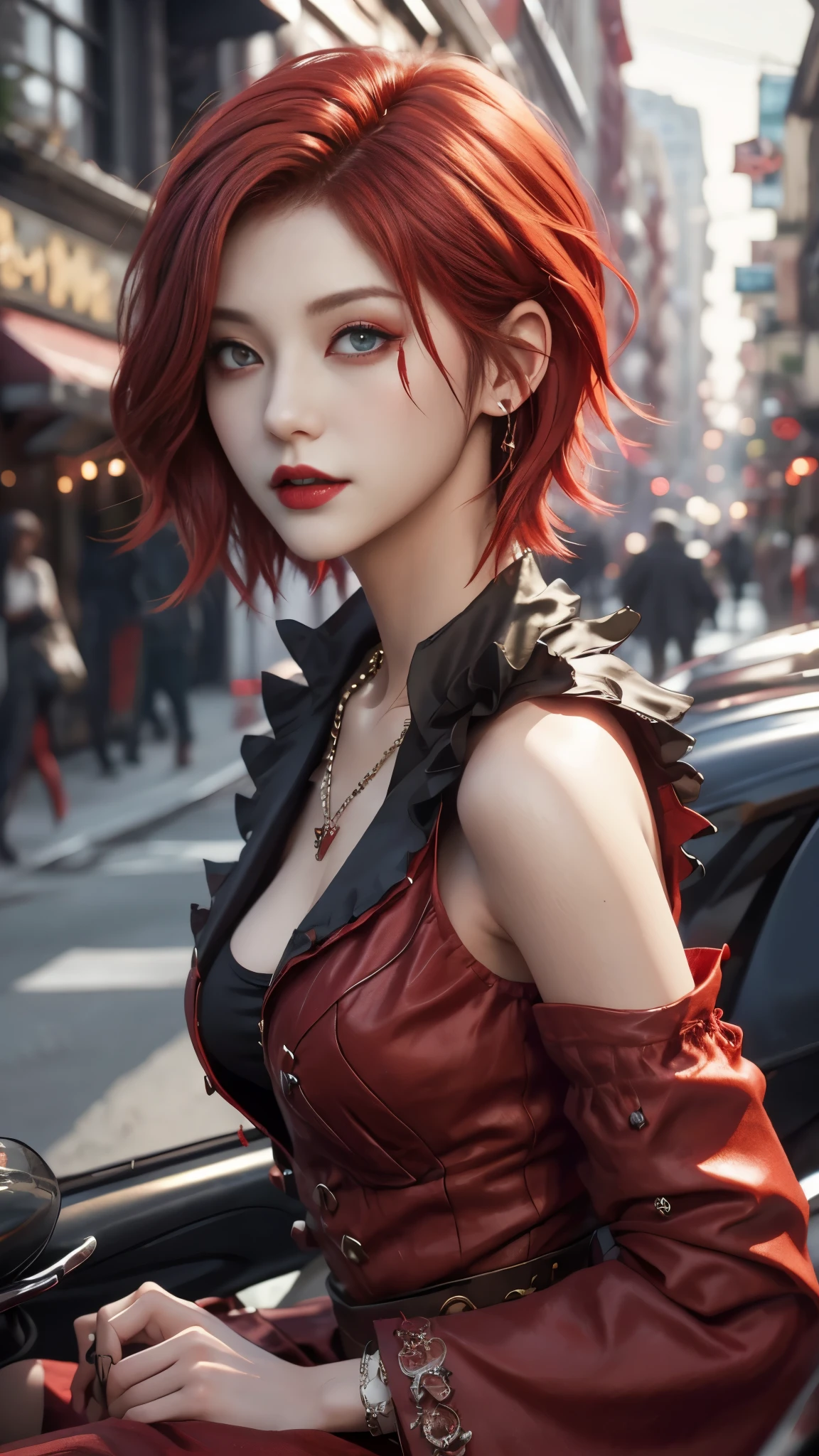 ​masterpiece, top-quality, ((1womanl)), different red color, finely eye and detailed face, intricate detailes, Casual black and red attire, window, A smile, Happiness, tenderness, high-level image quality、selfee, Beautuful Women、tall、a small face, D-cups, The upper part of the body、nightfall, nighttime scene、𝓡𝓸𝓶𝓪𝓷𝓽𝓲𝓬、Korea person, Idol Photos, Model photo, k pop, Professional Photos, Vampires, Korean fashion in black and red, Fedoman with necklace, inspired by Sim Sa-jeong, androgynous vampire, :9 detailed face: 8, extra detailed face, detailed punk hair, ((eyes are deialed)) baggy eyes, Seductive. Highly detailed, semi realistic anime, Vampires, hyperrealistic teen, Delicate androgynous princess, imvu, ((short hair woman)), red hair woman with wild look, ((Woman with short red hair)), ((1 persons)),