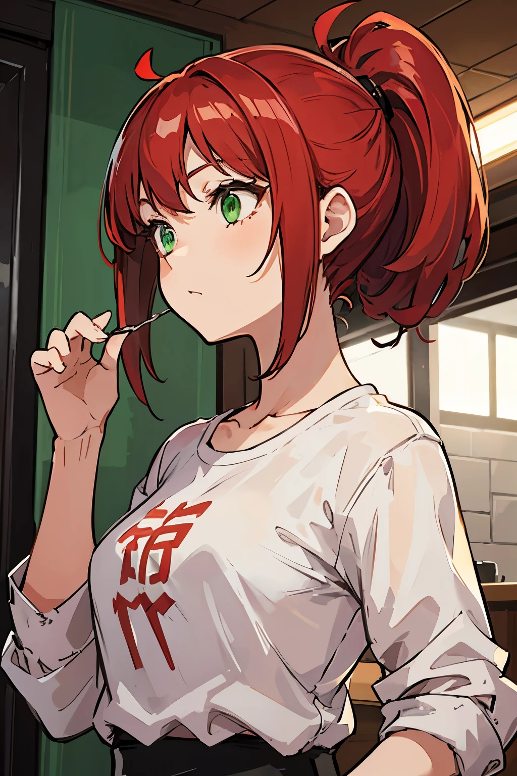 The girl is short, red voluminous hair, hairstyle ponytail, green eyes,  , thin build, seems fragile