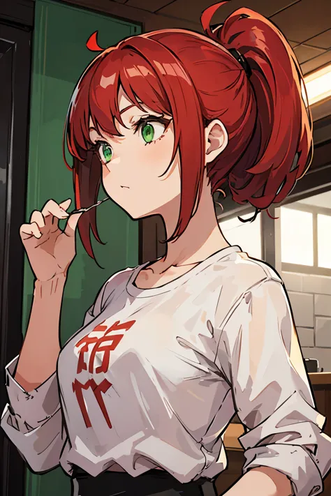 The girl is short, red voluminous hair, hairstyle ponytail, green eyes,  , thin build, seems fragile