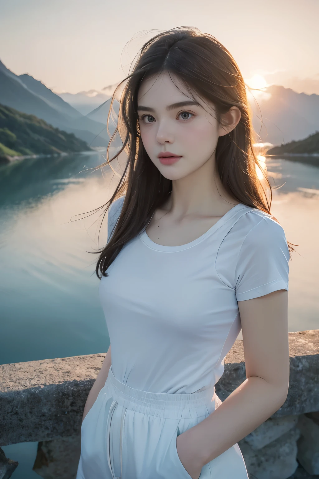 (Best Quality, hyper realistic photography), Magnificent mountain, sea of clouds, Woman watching sunset, selfee, ((Upper body)), white t-shirts, Trekking Shorts, trekking boots, rucksack, (ultra-delicate face, Super Beautiful Maid, Super delicate eyes, Ultra-detailed nose, Ultra detailed mouth, Ultra-detailed facial features), Beautie, 18year old