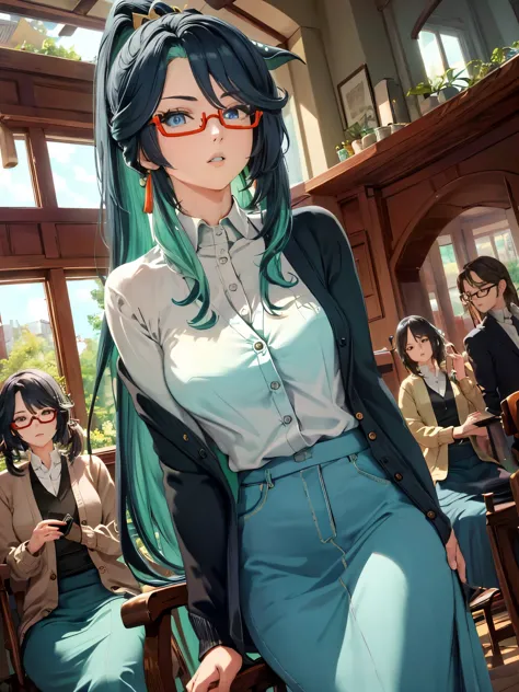 (masterpiece, best quality), 1girl, xianyun, glasses,ponytail, red-framed eyewear, under-rim eyewear,ponytail,
BREAK (cardigan a...