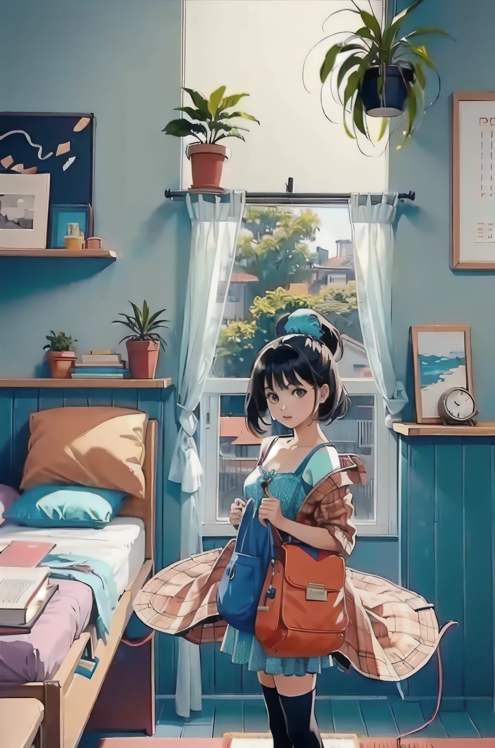 (a girl is standing close to the viewer:1.4), high details, high detailed face, lineart, Indoors, pouch, a cup, book, Window, bed, chair, phone, stuffed toy, Scarecrow, plant, Curtains, instrument, a table, camisole, watch, electric guitar, bed room, shelf, calendar (object), coral, mint, lilac,Yellow, View from the window, (close up shot:1.5),