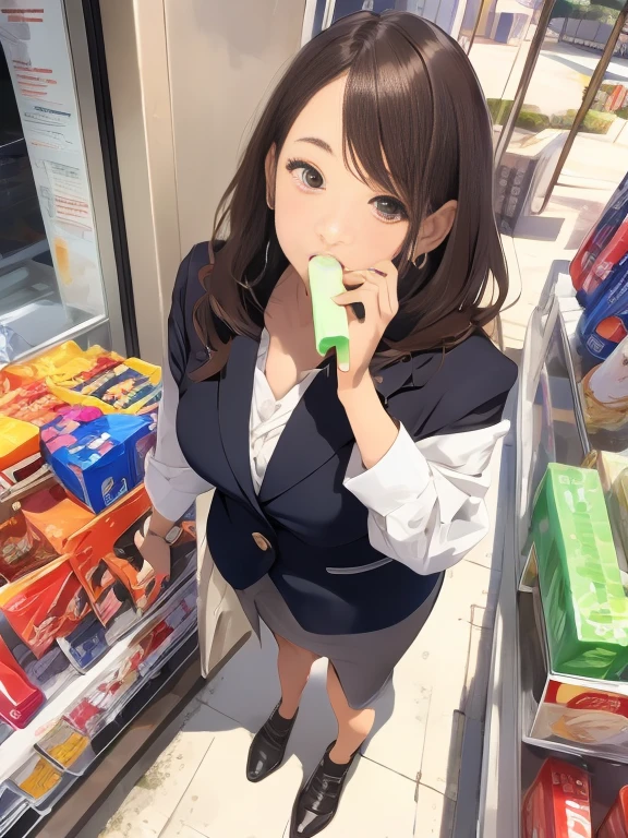 Best Quality, masutepiece, beautiful mature women、Beautiful face、Strong-minded woman、Office Suits、brown haired、Brown-eyed、Longhaire、Undersized eyes、Full body like、In front of a convenience store、outside of house、Eating popsicles
