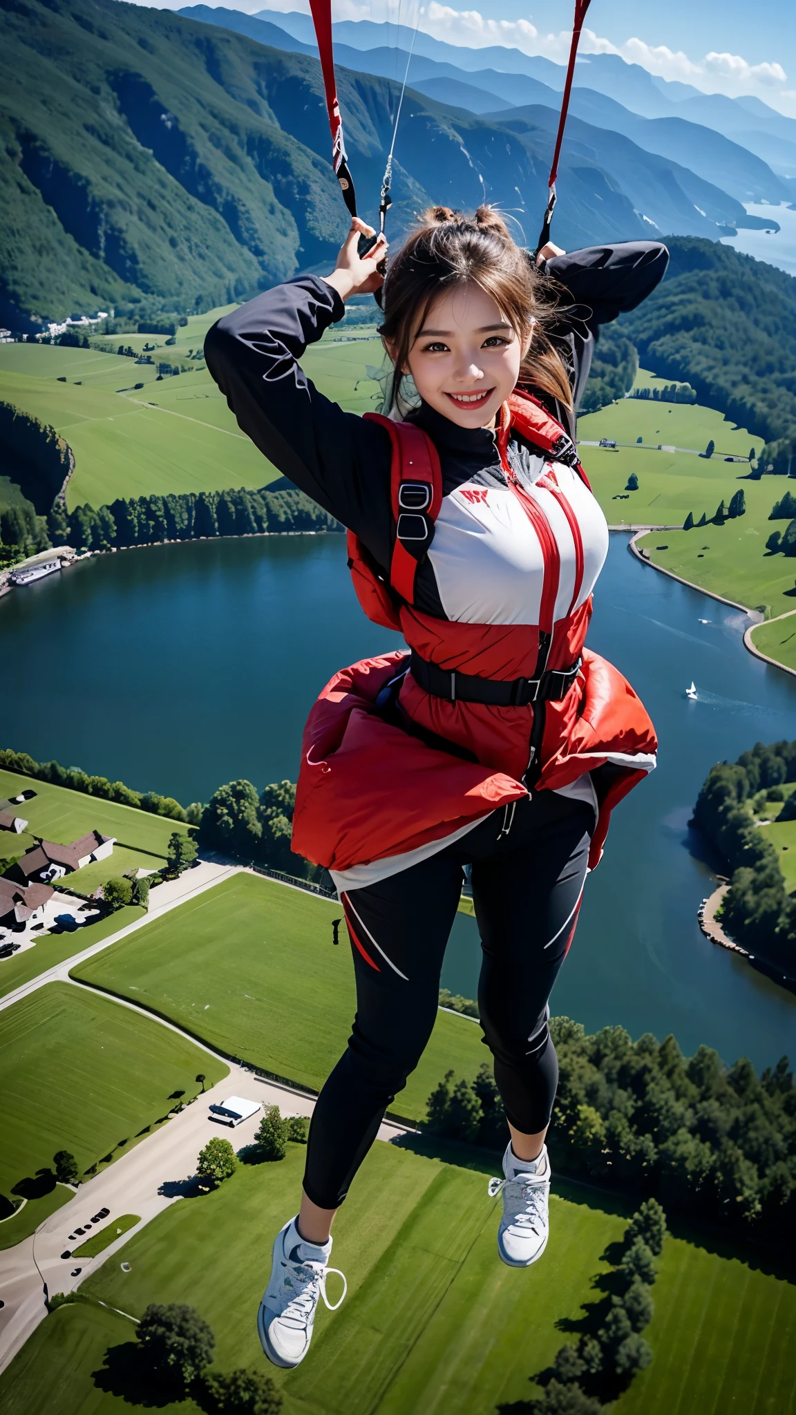 Beautiful 18 Years Korean Girl, Paragliding On switzerland alaps valley, ((On air)), ((Paragliding)), Solo, Air, Realistic, Ultra HD, 8k unity walpaper, Ray Tracing, Beautiful smile, (smile:1.2), Red Knee length frock, detailed background, Detailed skin, detailed dress , Stylish looks, Full enjoying in paragliding, Beautiful Nature background view from the air, 