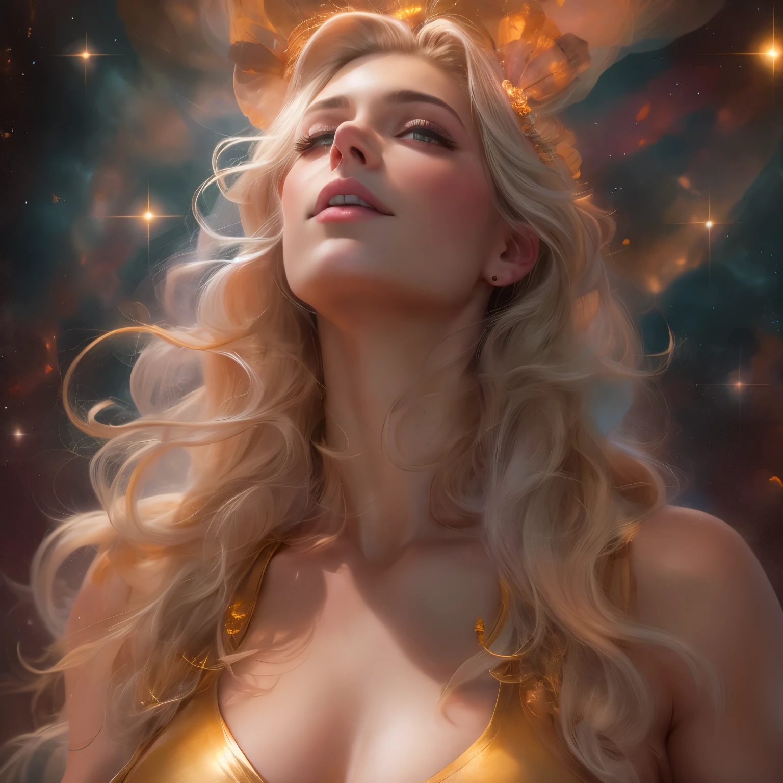 (Highest Quality,High Resolution,Masterpiece:1.2),Ultra-Detailed,(Realistic,Photorealistic,Photorealistic:1.37),(Highest Quality,High Resolution), Goddess of the Universe, Huge astral-bodied goddess watching over the universe,(Perfectly sculpted body:1. 4), Glowing golden eyes, long eyelashes, luscious golden hair, breathtaking (perfect nudity, moist skin, perfect breasts, beautiful areola and nipples: 1. 4), stars, nebulae and galactic cosmic background, soft and soothing colors, faintly drifting stardust, vivid and atmospheric lighting, transcendent and otherworldly atmosphere, (NSFW: 1.4).