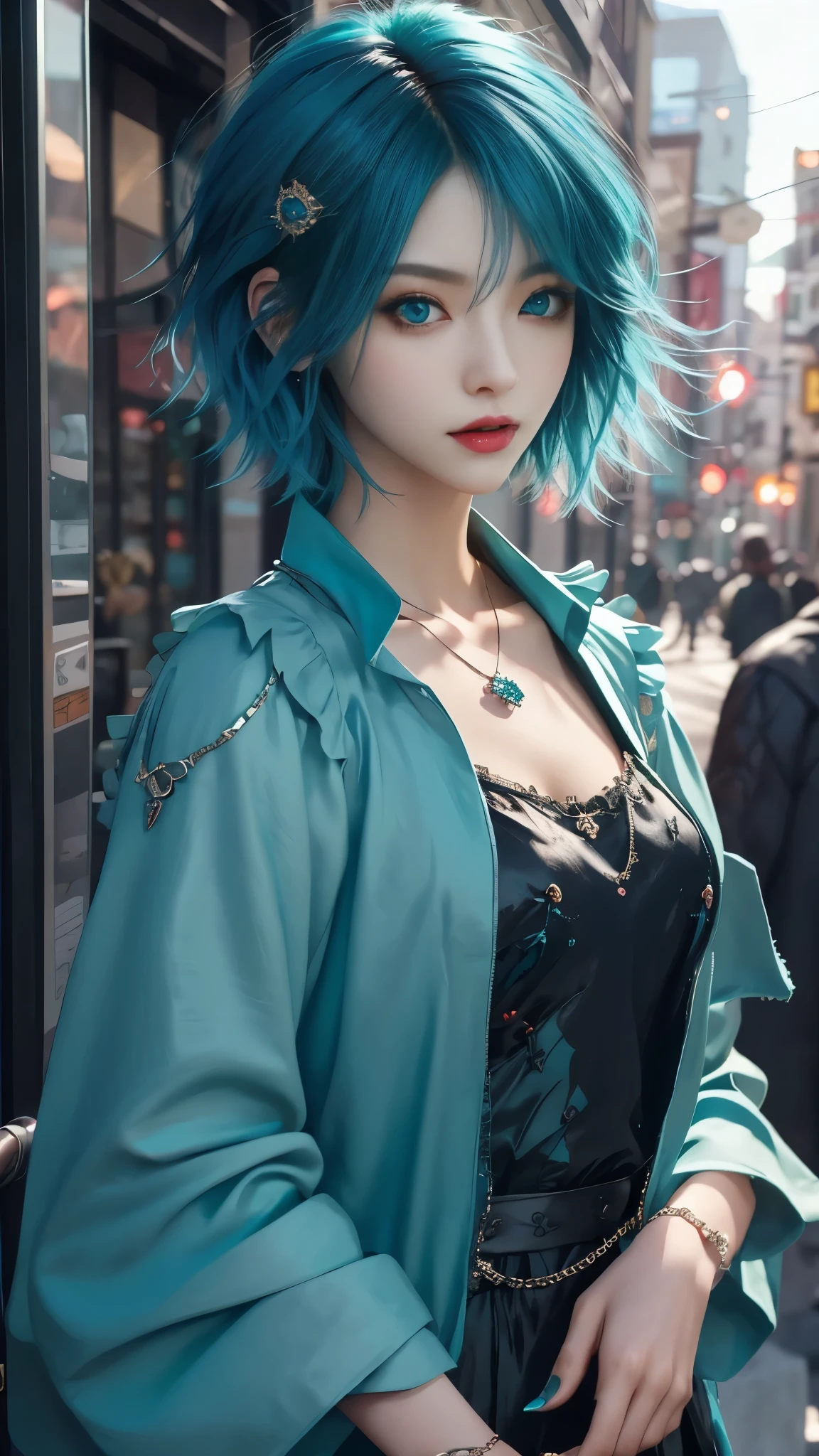 ​masterpiece, top-quality, ((1womanl)), different teal color, finely eye and detailed face, intricate detailes, Casual black and teal attire, window, A smile, Happiness, tenderness, high-level image quality、selfee, Beautuful Women、tall、a small face, D-cups, The upper part of the body、nightfall, nighttime scene、𝓡𝓸𝓶𝓪𝓷𝓽𝓲𝓬、Korea person, Idol Photos, Model photo, k pop, Professional Photos, Vampires, Korean fashion in black and teal, Fedoman with necklace, inspired by Sim Sa-jeong, androgynous vampire, :9 detailed face: 8, extra detailed face, detailed punk hair, ((eyes are deialed)) baggy eyes, Seductive. Highly detailed, semi realistic anime, Vampires, hyperrealistic teen, Delicate androgynous princess, imvu, ((short hair woman)), teal hair woman with wild look, ((Woman with short teal hair)), ((1 persons)),