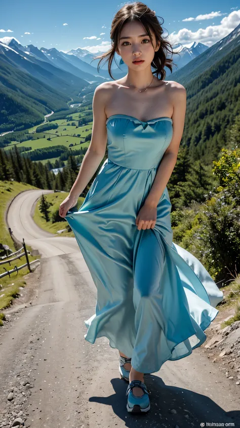 mountain climbing、mountain climbingガール、One female、beautiful woman, switzerland, alaps valley, Silky Cyan strapless dress, 