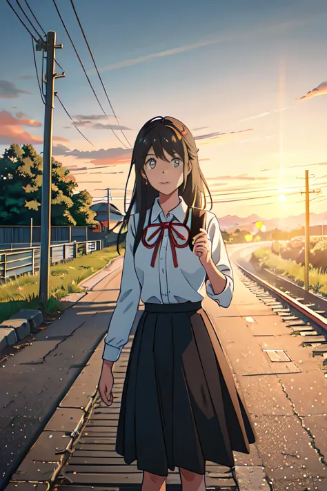 Train station line, long dark-haired girl in summer uniform, paved road with tracks and road signs, sunset in background, strobe...