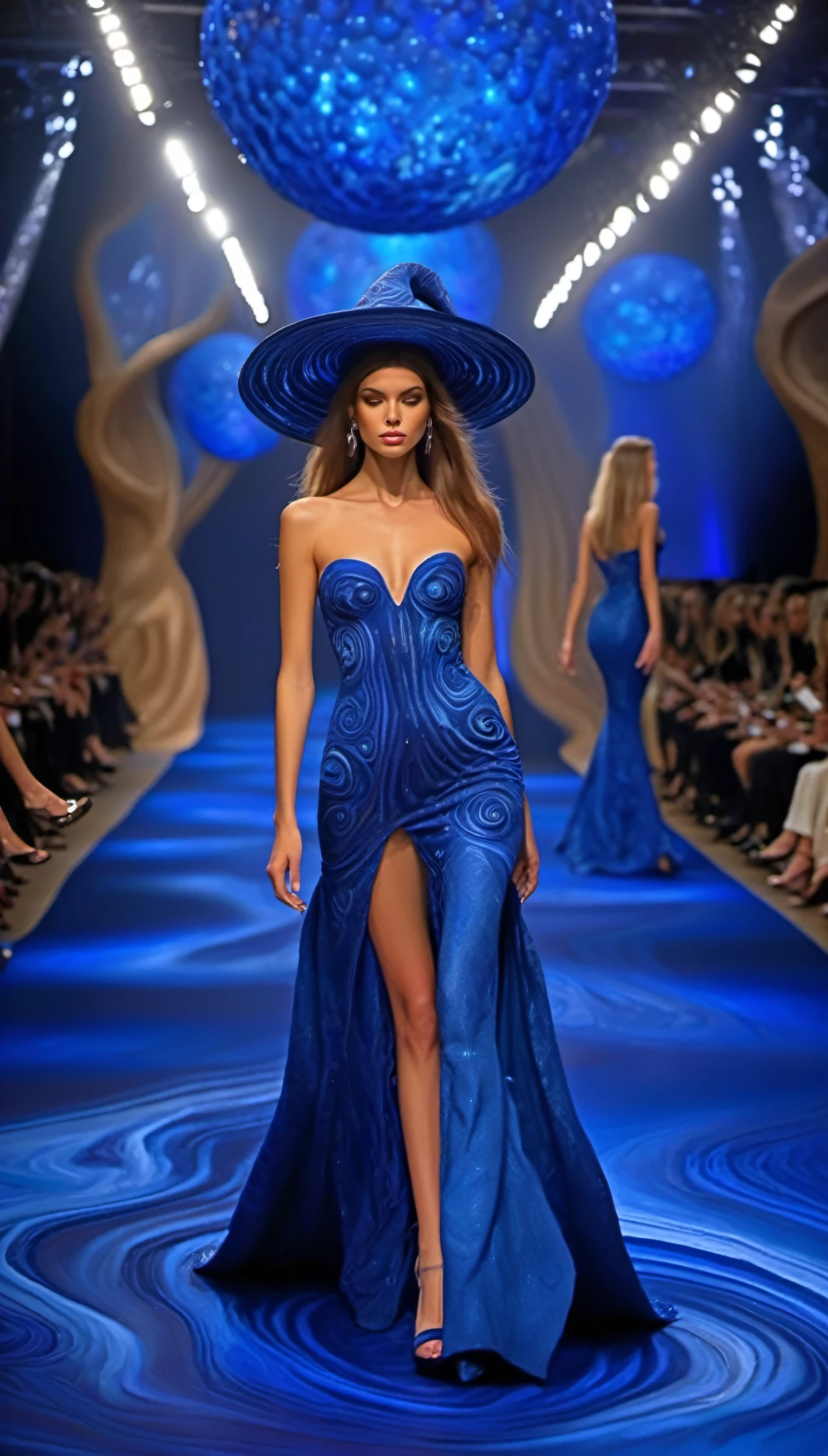 in style of Alex Grey,(Photos of female models walking the runway in sapphire blue ocean high class boutique）,high class boutique, witch clothes，Paris fashion show scene，Catwalk scene，（Full body female love：1.37）.Beautiful shoe background：The stepped stage is covered with fine sand，Jupiter，Recife，Sand and foam, dust rising，Blue swirls swirl like bubbles, Ridiculously long hair, long eyelashes, bright pupils, , Ray tracing, divine light, ultra high definition, The anatomy of a masterpiece is correct, textured