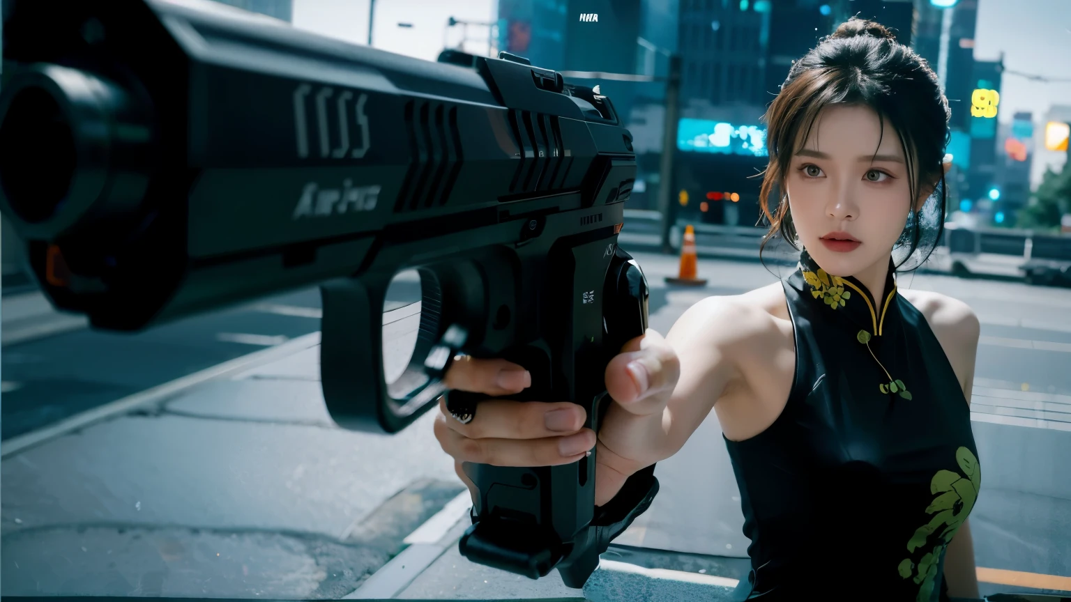 close-up, dynamic angle, tech noir, calm cyberpunk style, captivating beauty, 1 girl holding futuristic handgun, action movie scene, half updo, squinting, sad, black silk sleeveless cheongsam, masterpiece, best quality, realistic digital art