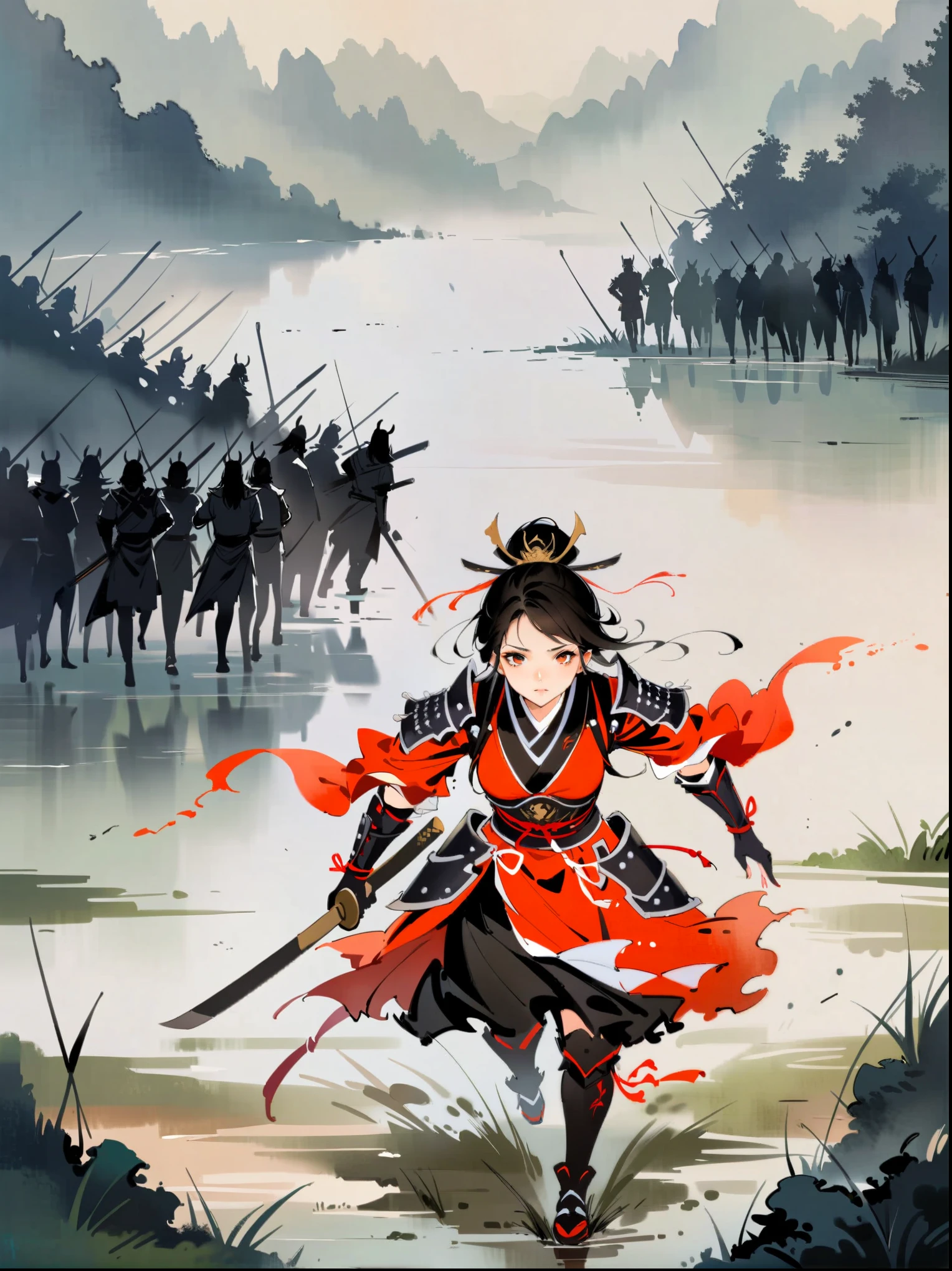 Arte conceptual en acuarela de Benedick Bana. (perspectiva desde arriba ) 1 chica, cargando hacia adelante , cara detallada, Bella mujer con armadura samurai de fantasía., Caminando penosamente por un pantano brumoso en medio de un campo de batalla de múltiples ejércitos, Marismas, Neblinoso, nublado, vistiendo sobrevesta con armas de la familia bordadas, Muchos samuráis peleando en segundo plano., obra maestra, mejor calidad, alta calidad, iluminación dramática, oscuridad