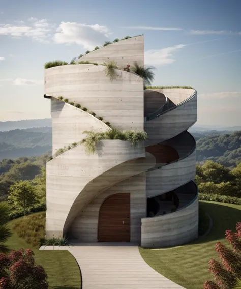 exterior house, plant, curve house, curve wall, spiral staire, plant around the building, sky, trees, the building in forest, su...