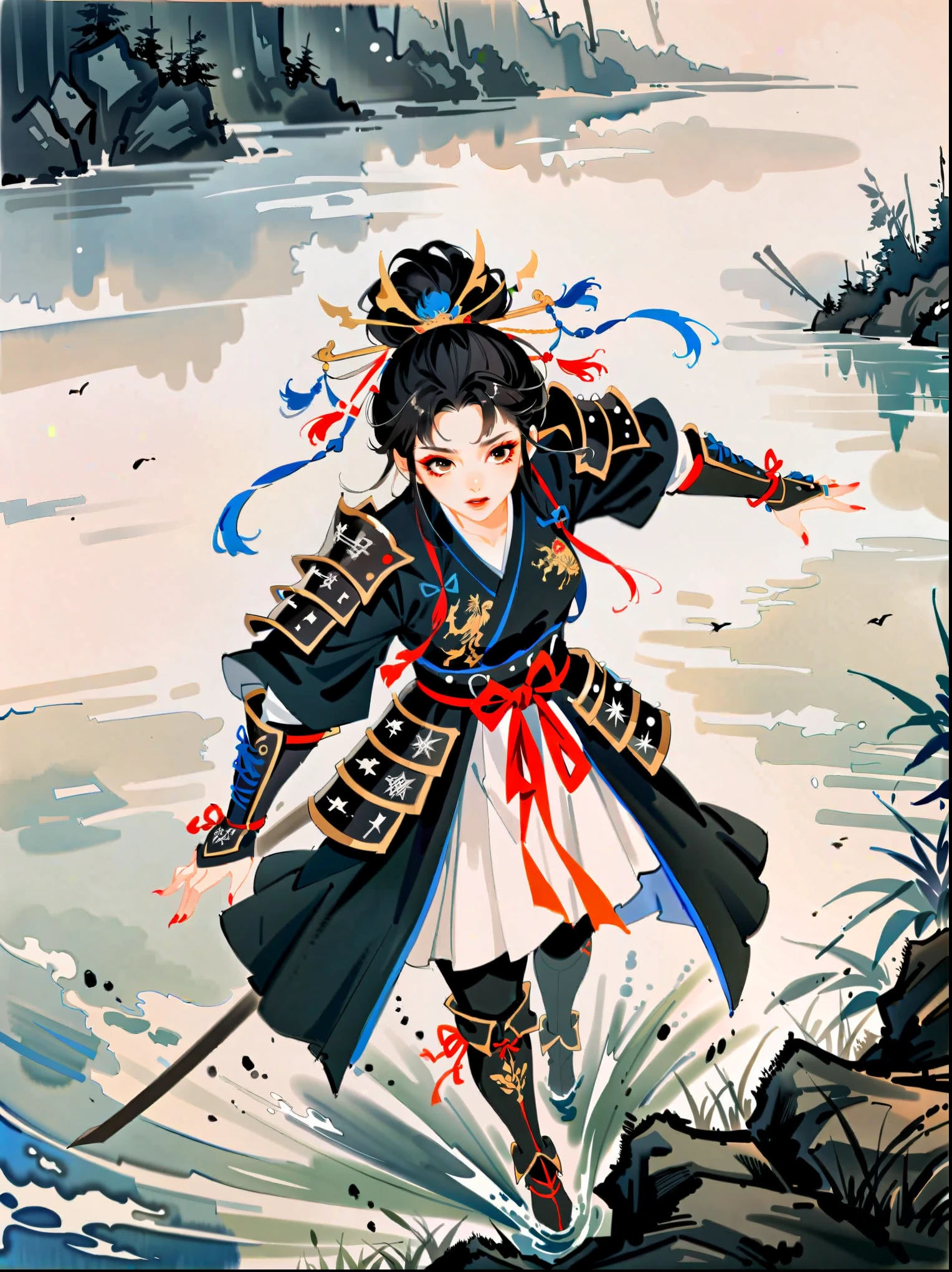 Arte conceitual em aquarela de Benedick Bana
(perspectiva de cima )
1 garota, avançando , rosto detalhado, mulher bonita em armadura de samurai de fantasia, caminhando pelo pântano enevoado no meio de vários campos de batalha do exército, pântanos, enevoado, nublado, vestindo uma túnica com as armas da família bordadas, muitos samurais lutando em segundo plano, obra de arte, melhor qualidade, alta qualidade, iluminação dramática, sombras