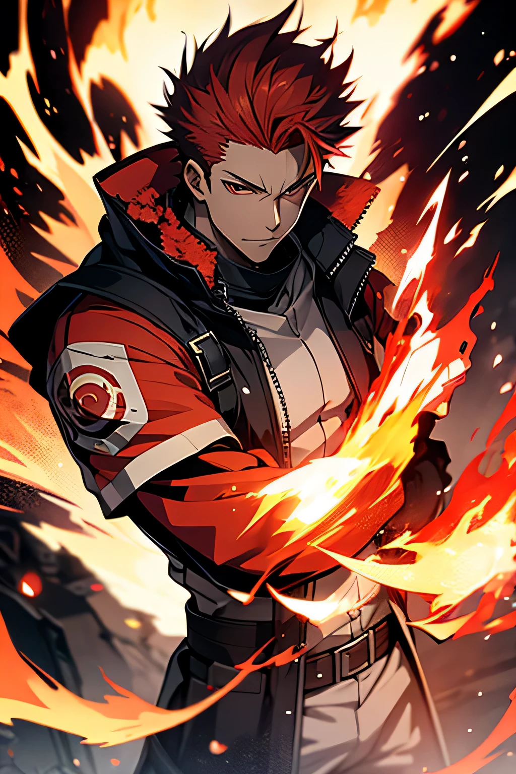 Anime character with red hair and a black jacket holding a fire - SeaArt AI