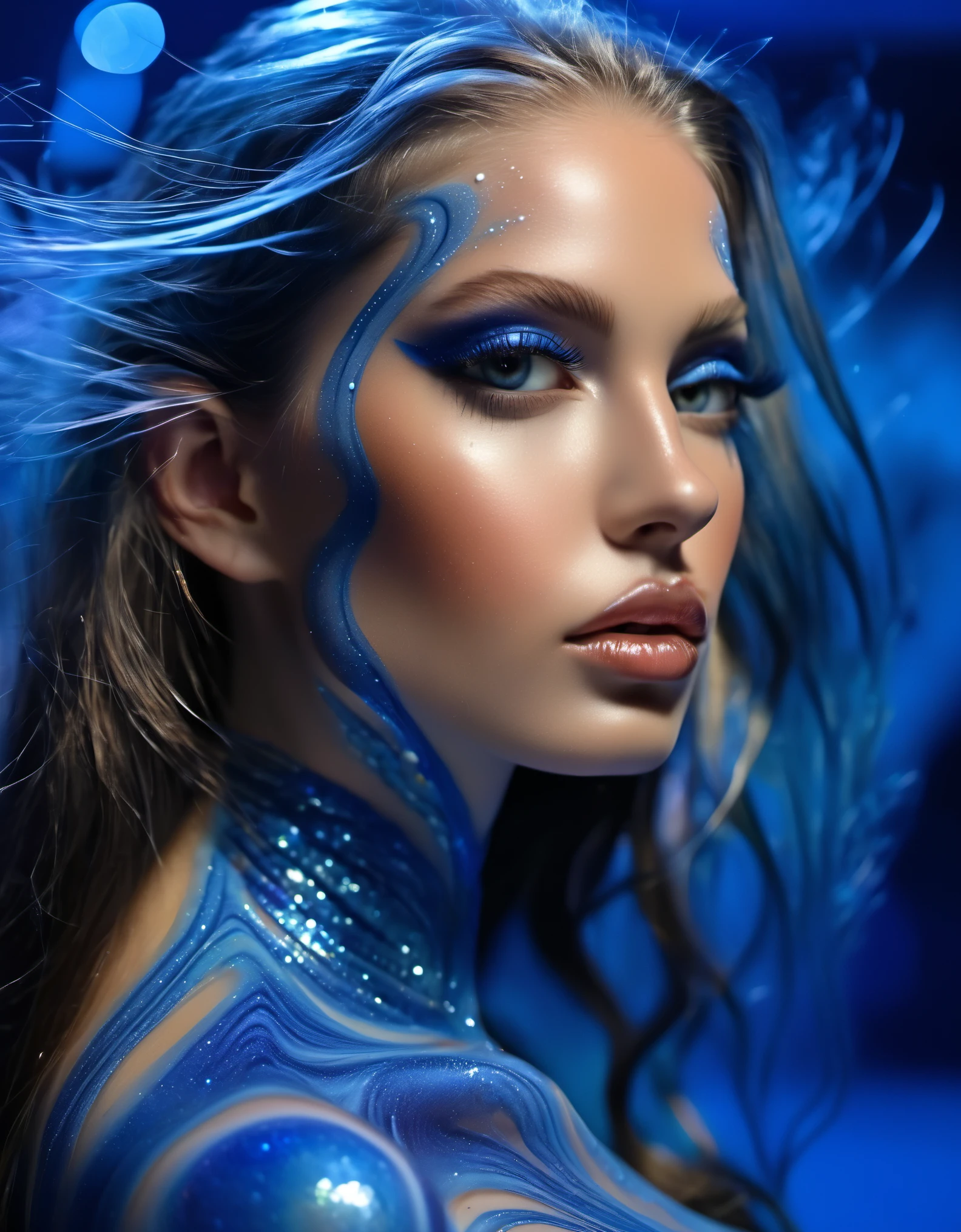 A woman with blue makeup and blue body paint posing for a picture - SeaArt  AI